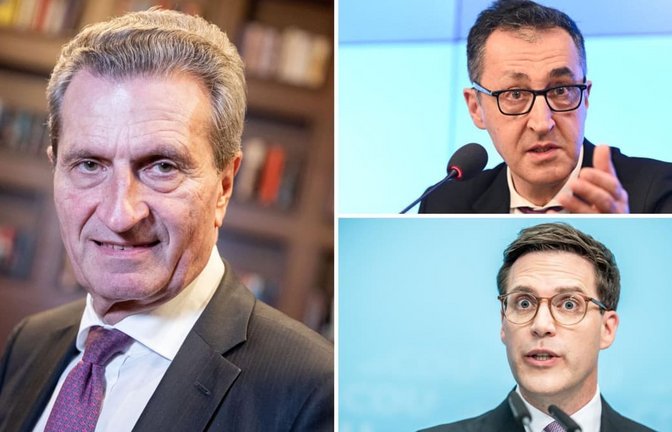Als Moderator gefragt: Kann Günther Oettinger (links) sowohl die Grünen von Ministerpräsident Cem Özdemir (rechts oben) als auch die CDU von Vize-Regierungschef Manuel Hagel in Sachen Opern-Sanierung einen?<span class='image-autor'>Kay Nietfeld/dpa, Michael Kappeler/dpa, AFP/Thomas Kienzle</span>