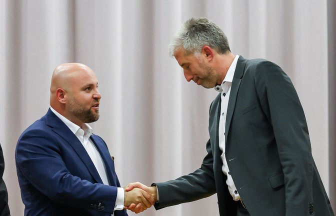 Markus Frohnmaier und Boris Palmer nach der Veranstaltung.<span class='image-autor'>Foto: Christoph Schmidt/dpa</span>