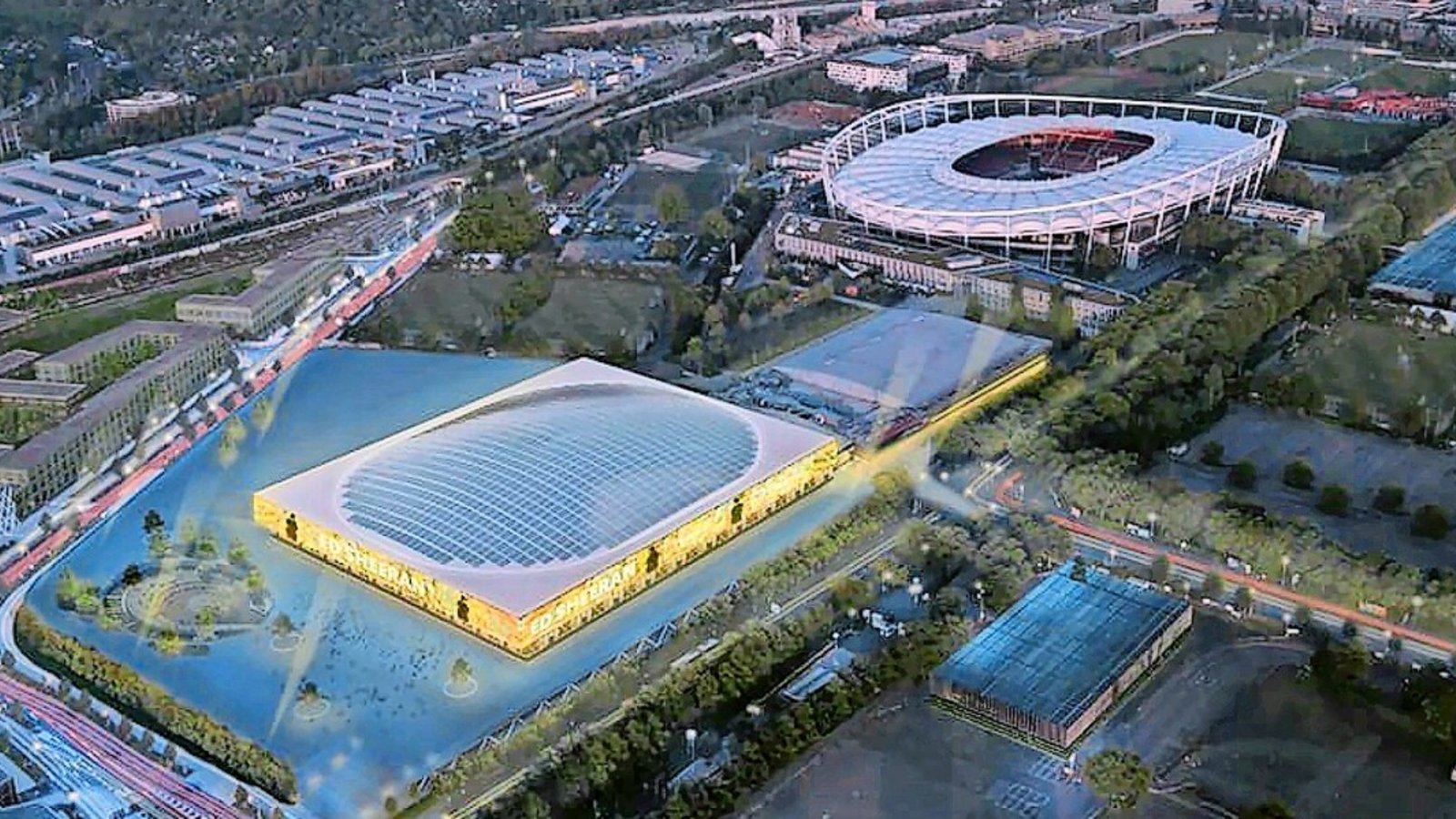 Ein Testentwurf zeigt die Lage und ungefähre Größe der neuen Arena neben dem Fußballstadion. Den Neubau kann Stuttgart wohl nicht mehr allein stemmen.Foto: OSA/ASP
