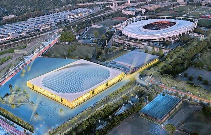 Ein Testentwurf zeigt die Lage und ungefähre Größe der neuen Arena neben dem Fußballstadion. Den Neubau kann Stuttgart wohl nicht mehr allein stemmen.<span class='image-autor'>Foto: OSA/ASP</span>