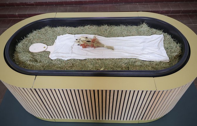 Heu, Stroh, Blumen und eine Holzfigur liegen in einem sogenannten „Kokon“ bei einem Pressegespräch zu der neuen Bestattungsform „Reerdigung“ in der Kapelle auf dem Kieler Parkfriedhof Eichhof.<span class='image-autor'>Foto: dpa/Christian Charisius</span>