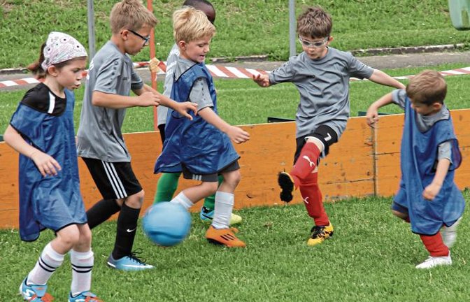 Ballorientiertes Spiel oder doch geordnetes Gewimmel – bei den jüngsten Teilnehmern des SVI-Fußballcamps konzentriert sich alles auf den Ball. Foto: Nachreiner