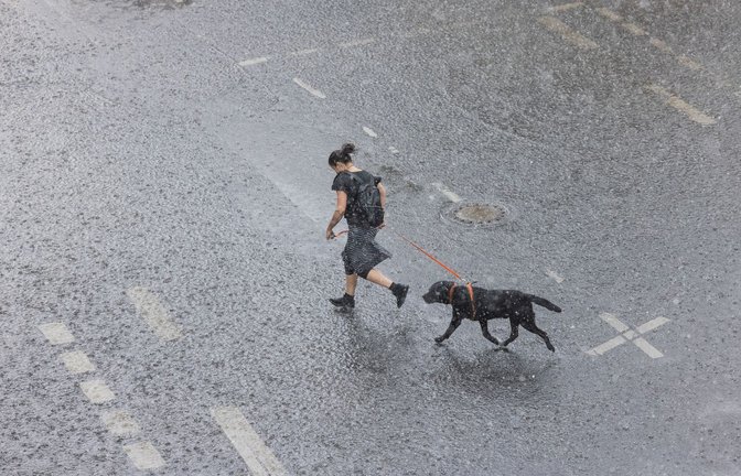 Eine Frau rennt mit ihrem Hund bei Starkregen in Köln über eine überflutete Straße.<span class='image-autor'>Foto: Rolf Vennenbernd/dpa</span>