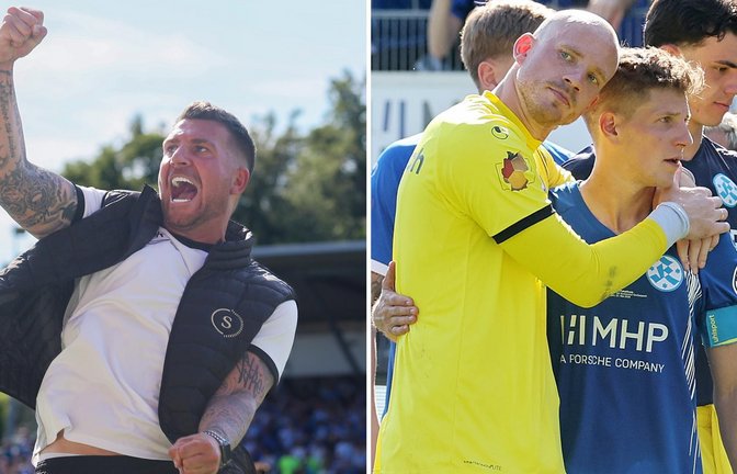SG-Coach Pascal Reinhardt jubelt ausgelassen, Kickers-Keeper Felix Dornebusch und Nico Blank sind gefrustet.<span class='image-autor'>Foto: Baumann/Julia Rahn</span>