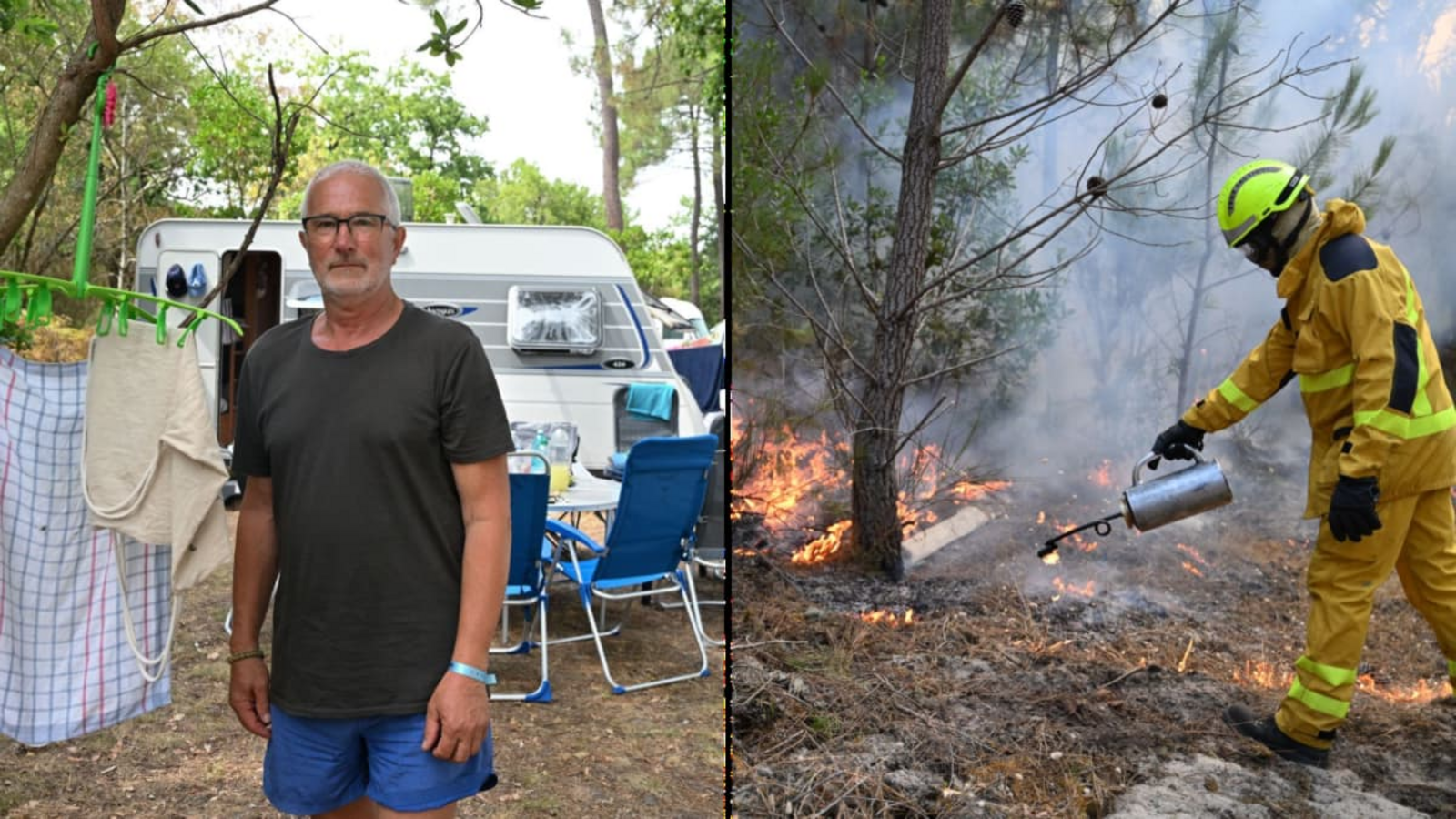 Die Idylle auf dem Campingplatz ist gebrochen – in Frankreich lodern schlimme Waldbrände.Katharina Kausche, Emma Da Silva/AP/dpa Die Idylle auf dem Campingplatz ist gebrochen – in Frankreich lodern schlimme Waldbrände.Katharina Kausche, Emma Da Silva/AP/dpa
