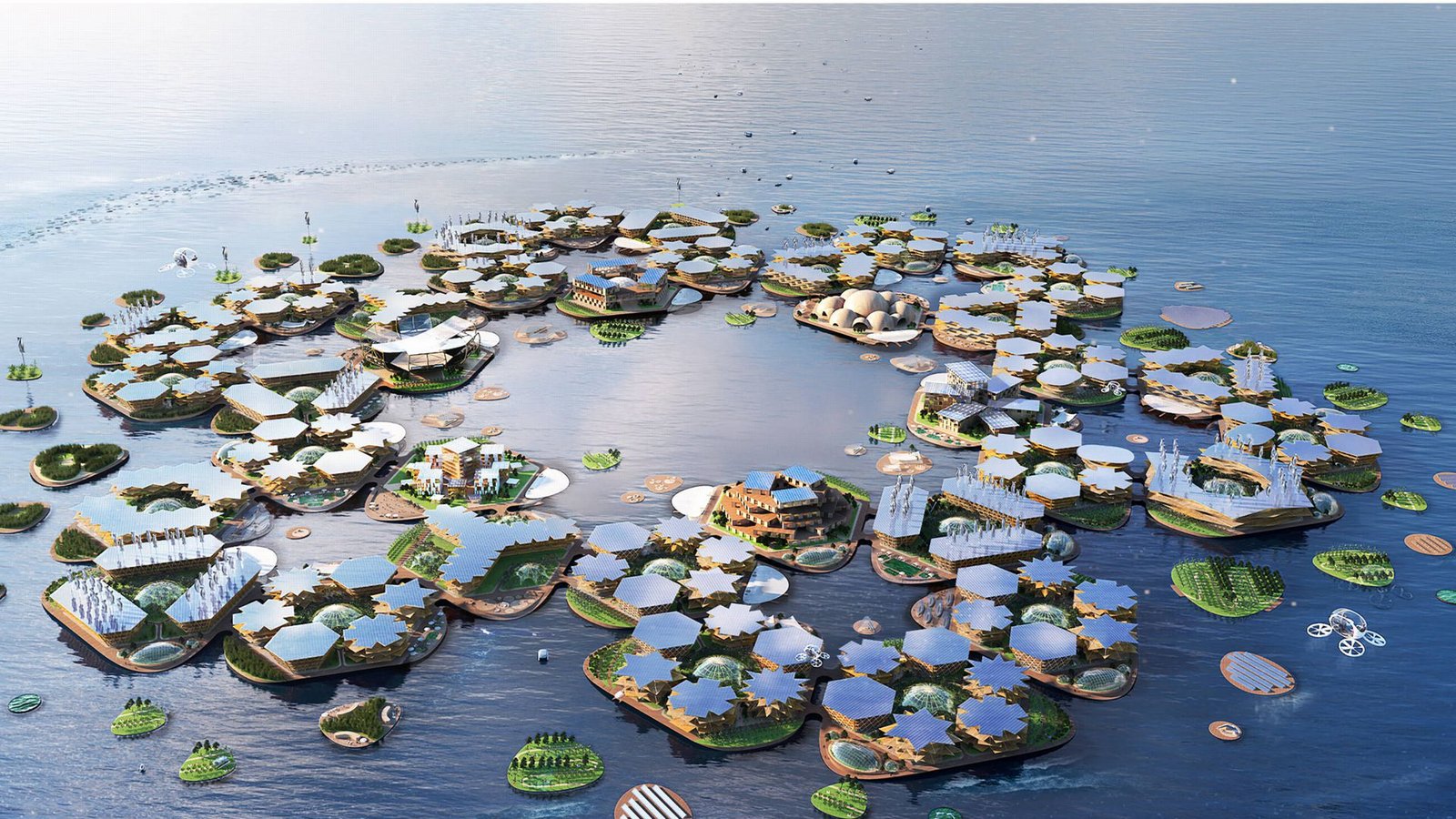 „Oceanix Busan“ ist ebenfalls eine Antwort auf den steigenden Meeresspiegel. Das Projekt in Südkorea will ein Prototyp sein für die Art, wie Küstenbewohner künftig leben könnten. Die Siedlung besteht aus drei miteinander verbundenen Plattformen mit Platz für 12 000 Bewohner. Es kann auf mehr als 20 Plattformen erweitert werden.Foto: Imago Images/Cover-Images „Oceanix Busan“ ist ebenfalls eine Antwort auf den steigenden Meeresspiegel. Das Projekt in Südkorea will ein Prototyp sein für die Art, wie Küstenbewohner künftig leben könnten. Die Siedlung besteht aus drei miteinander verbundenen Plattformen mit Platz für 12 000 Bewohner. Es kann auf mehr als 20 Plattformen erweitert werden.Foto: Imago Images/Cover-Images