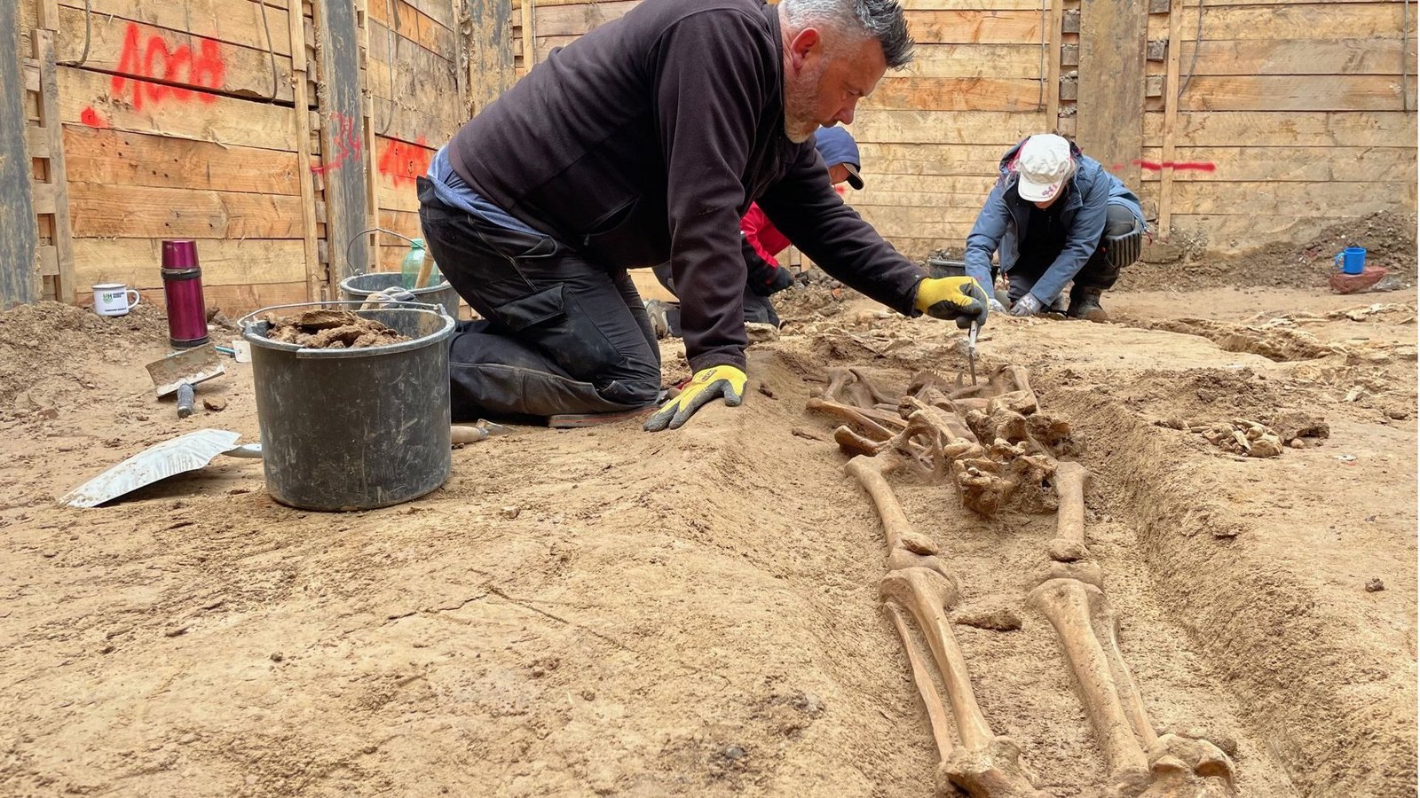 Archäologen legen Skelette in der Baugrube des Neubaus des Gästehauses des Landtags freiFoto: dpa/Oliver Auster