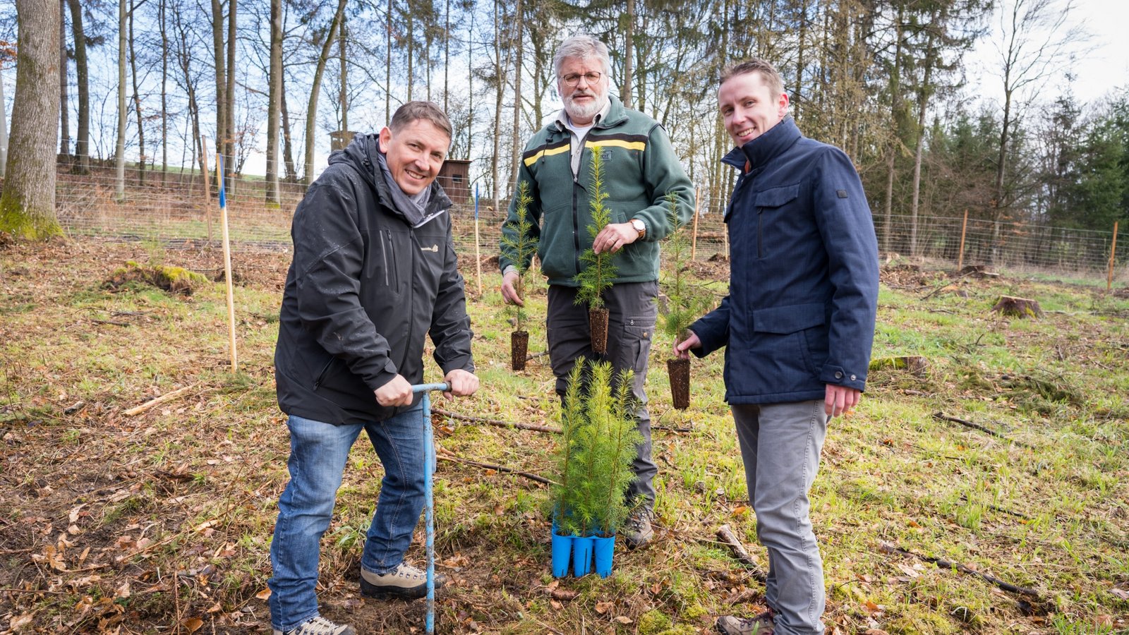 Im Einsatz im Wald (von links): Roland Görgens, Revierförster Steffen Frank und Bürgermeister Carsten Willing.  Foto: Steinsberger