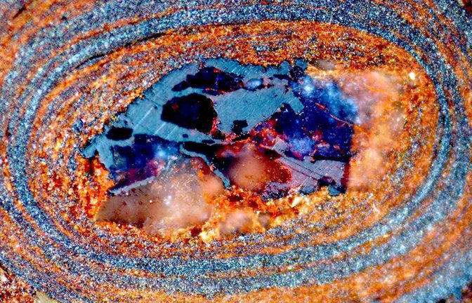 Querschnitt durch ein eiförmiges Eisenoxid-Steinchen: Wie in einer Zeitkapsel sind darin Information über den Gehalt von organischem Kohlenstoff des Meeres vor Jahrmillionen gespeichert.  <span class='image-autor'>Foto: Nir Galili/ETH Zürich</span>