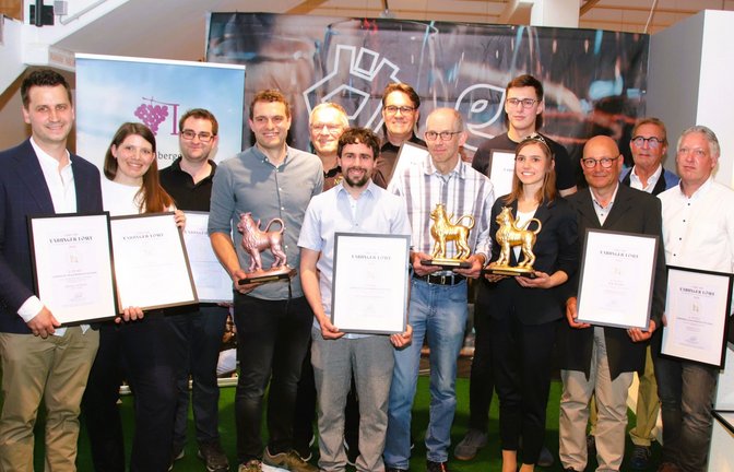 Die Preisträger beim Wettbewerb um den Vaihinger Weinlöwen im Sachsenheimer Einrichtungshaus Schmids Domino. Die Trophäen und Urkunden übergeben Mara Walz von den Weinlöwen (Zweite von links), die württembergische Weinprinzessin Manuela Breitmayer und Ferry Wittchen (Zweiter von rechts) vom Lemberger-Verein.  <span class='image-autor'>Foto: Arning</span>