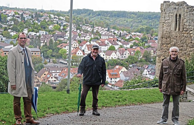 Gegen Vandalismus unter anderem im Zusammenhang mit den Hinweistafeln auf Burg Löffelstelz wollen OB Frank Schneider, Rainer Wallinger und Ewald Scheytt (von links) vorgehen. Foto: Friedrich