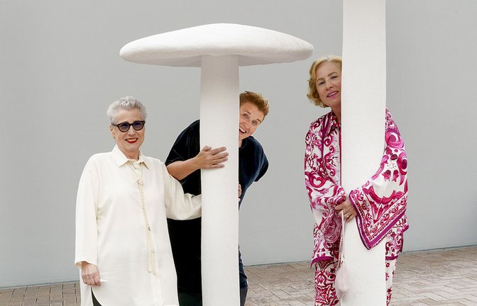 Die Grässlin-Töchter Bärbel, Sabine und  Karola (von links) mit unkonventionellen Porträts ihrer Eltern, die die Künstlerin Cosima von Bonin  als Pilze dargestellt hat.<span class='image-autor'>Foto: Stiftung Grässlin/Wolfgang Günzel</span>