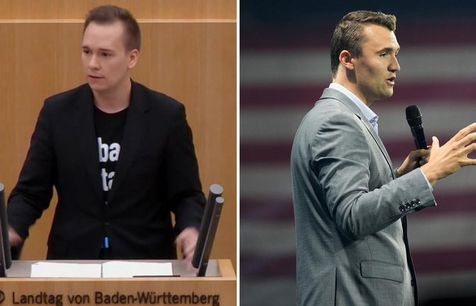 Das T-Shirt, mit dem Daniel Lindenschmid (links) im Landtag auf den erschossenen Charlie Kirk (rechts) anspielte, musste der AfD-Abgeordnete im Plenarsaal verdecken.<span class='image-autor'>Foto: Landtag BW, Alex Brandon/AP/dpa</span>