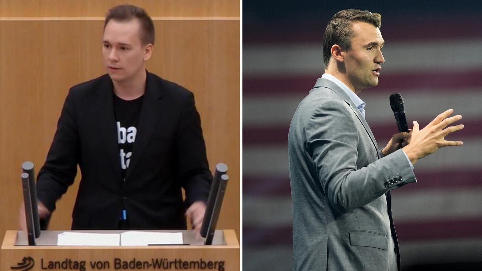 Das T-Shirt, mit dem Daniel Lindenschmid (links) im Landtag auf den erschossenen Charlie Kirk (rechts) anspielte, musste der AfD-Abgeordnete im Plenarsaal verdecken.Foto: Landtag BW, Alex Brandon/AP/dpa Das T-Shirt, mit dem Daniel Lindenschmid (links) im Landtag auf den erschossenen Charlie Kirk (rechts) anspielte, musste der AfD-Abgeordnete im Plenarsaal verdecken.Foto: Landtag BW, Alex Brandon/AP/dpa