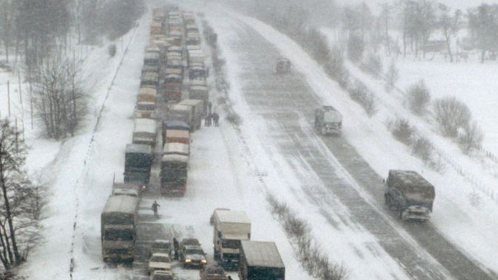 Im Schnee stecken gebliebene Lastwagen und PKW am Straßenrand der Autobahn bei Kiel.Foto: dpa