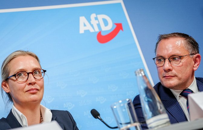 Die AfD-Chefs Alice Weidel und Tino Chrupalla wollen sich auf dem Parteitag zur Wiederwahl stellen.<span class='image-autor'>Foto: dpa/Kay Nietfeld</span>