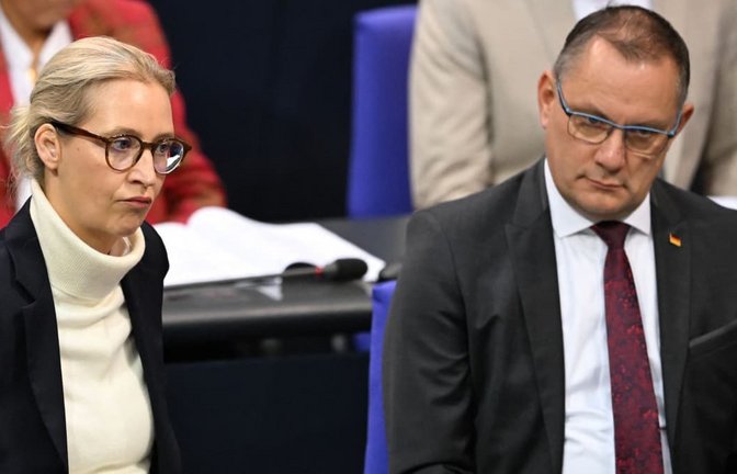Die beiden AfD-Chefs Alice Weidel und Tino Chrupalla sehen in dem Hackerangriff auf ihre Partei einen Angriff auf das deutsche Parteiensystem.<span class='image-autor'>Michael Brandt/dpa</span>