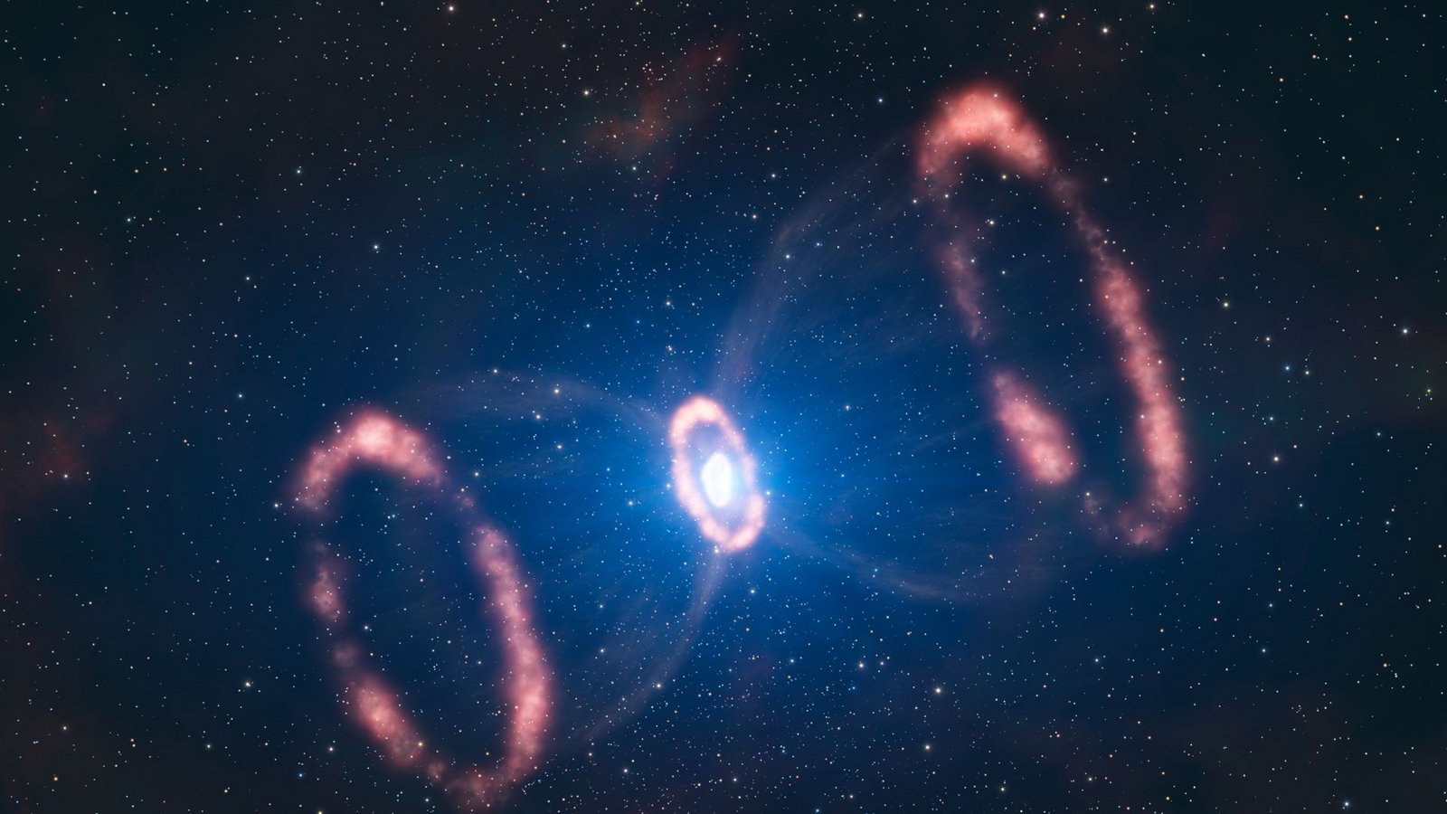 Die Aufnahme des Very Large Telescope (VLT) der ESO (European Southern Observatory) zeigt Material im inneren Kern der Supernova 1987a, das sich mit 100 Millionen Kilometern pro Stunde nach außen bewegt. Doch selbst mit dieser Geschwindigkeit benötigt die Materie des Sternes zehn Jahre, um einen umliegenden Ring aus Gas und Staub zu erreichen. Bei den beiden großen Ringen rechts und links handelt es sich um Wölkchen, die der Stern sehr lange vor der Explosion ausgestoßen hat.Foto: ESO/dpa Die Aufnahme des Very Large Telescope (VLT) der ESO (European Southern Observatory) zeigt Material im inneren Kern der Supernova 1987a, das sich mit 100 Millionen Kilometern pro Stunde nach außen bewegt. Doch selbst mit dieser Geschwindigkeit benötigt die Materie des Sternes zehn Jahre, um einen umliegenden Ring aus Gas und Staub zu erreichen. Bei den beiden großen Ringen rechts und links handelt es sich um Wölkchen, die der Stern sehr lange vor der Explosion ausgestoßen hat.Foto: ESO/dpa