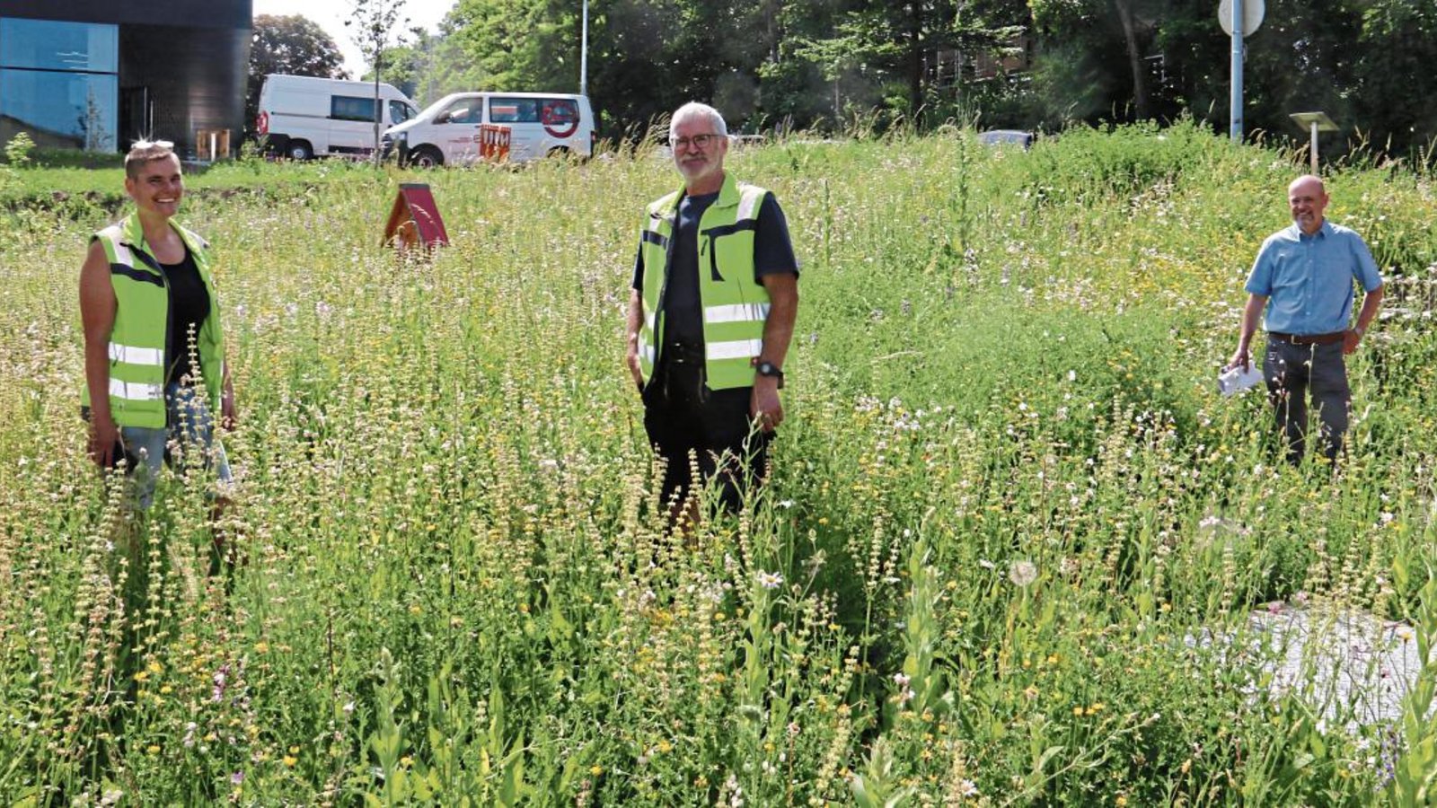 Die Wiese an der 1-2-3-Halle wird bald abgemäht, was konträre Meinungen in der Bürgerschaft nach sich ziehen könnte, wie Alexandra Kaiser, Heinz Gutscher und Jochen Boger (von links) ahnen.