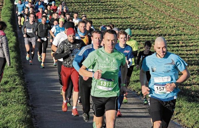 Martin Diebold (rechts) und Andreas Weis führen das Feld der Athleten beim Panorama- und beim Einsteigerlauf die erste Steigung hinauf. Fotos: Nachreiner