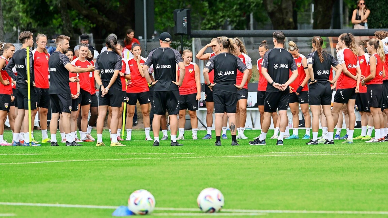 VfB-Coach Nico Schneck (4.v.li.) beim Trainingsauftakt des Bundesliga-Aufsteigers.Foto: Baumann VfB-Coach Nico Schneck (4.v.li.) beim Trainingsauftakt des Bundesliga-Aufsteigers.Foto: Baumann