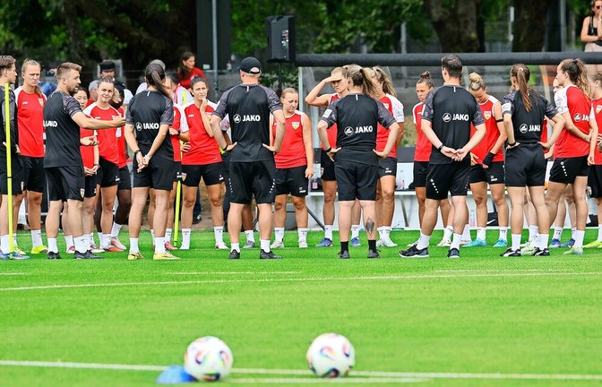 VfB-Coach Nico Schneck (4.v.li.) beim Trainingsauftakt des Bundesliga-Aufsteigers.<span class='image-autor'>Foto: Baumann</span>