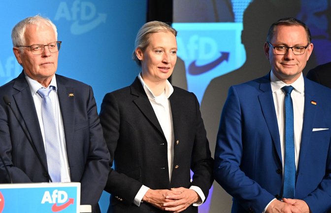 Die AfD-Parteispitze bestehend aus Alice Weidel und Tino Chrupalla beim Wahlkampfauftakt zur Eurowahl zusammen mit dem AfD-Landesvorsitzenden Emil Sänze (l) in Donaueschingen. Der eigentliche Spitzenkandidat der Partei war nicht anwesend.<span class='image-autor'>Foto: Bernd Weißbrod/dpa</span>