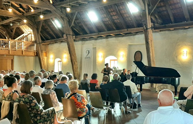 Beim dritten Saisonkonzert der „Klanglese Kirbachtal“ mit dem Titel „Wien.Paris.A-Dur“ spielte das Professoren-Duo Anke Dill (Violine) und Florian Wiek (Klavier) Sonaten von Mozart, Beethoven und Franck. In der Hohenhaslacher Kelter kam dabei erstmals ein Steinway-D-Flügel zum Einsatz, den der Konzertverein Kirbachtal von der Hamburger Flügelwerkstatt Heike Schlunck geliehen hatte. Unter den Augen von Sachsenheims Bürgermeister Holger Albrich und Schirmherrin der Klanglese, der ehemaligen Deutschen Weinkönigin Carolin Klöckner aus Gündelbach, zeigte das begeisterte Publikum seine Anerkennung nicht nur durch lang anhaltenden Applaus, sondern auch mit stehenden Ovationen, heißt es in dem Pressebericht des Konzertvereins Kirbachtal. <span class='image-autor'>Foto: p</span>