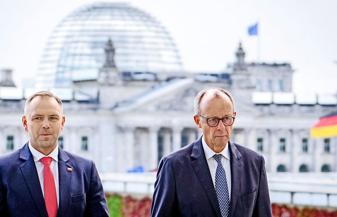 Polens Präsident Karol Nawrocki (li.) bei seinem Antrittsbesuch in Deutschland mit Bundeskanzler Friedrich Merz<span class='image-autor'>Foto: dpa/Kay Nietfeld</span>