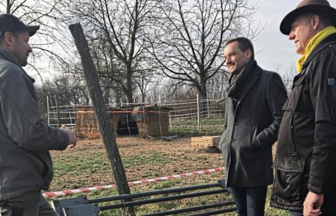 Landwirt Michael Grotz (links) erklärt Roland Zitzmann (rechts) und Benjamin Strasser die Wiesen-Haltung von Duroc-Schweinen. Foto: p
