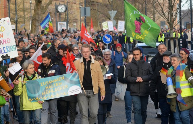 Auf dem Weg zum Kelterplatz: der Demonstrationszug in Mühlacker.  <span class='image-autor'>Foto: Stahlfeld</span>