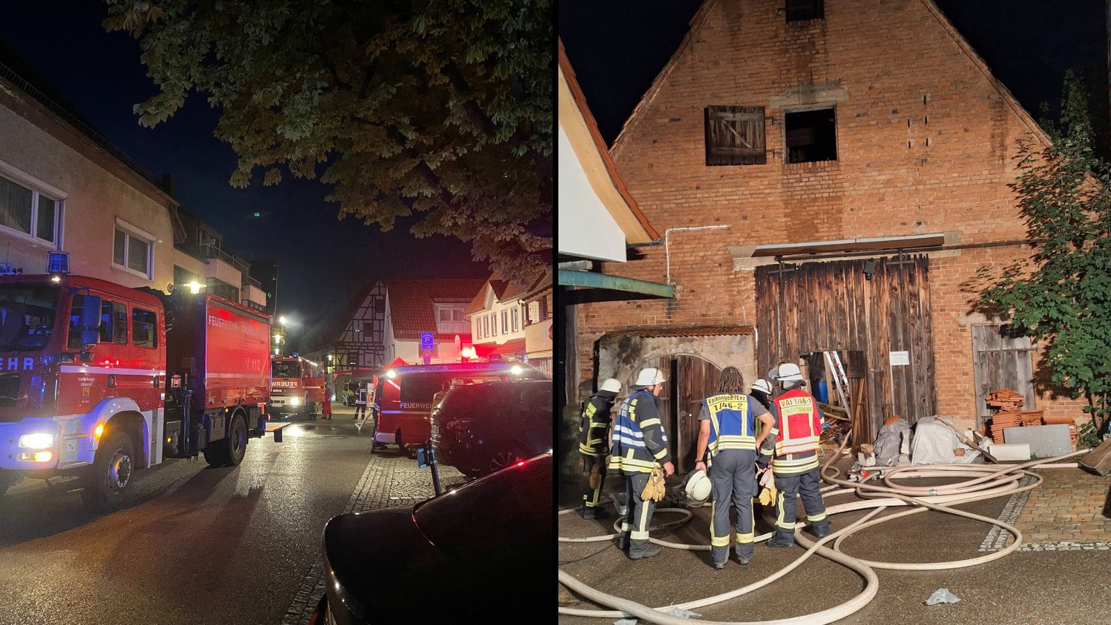 Die Durchfahrt im Enzweihinger Ortskern ist während der Löscharbeiten an der Scheune gesperrt. Foto: Mross