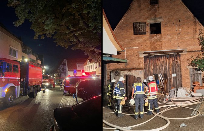 Die Durchfahrt im Enzweihinger Ortskern ist während der Löscharbeiten an der Scheune gesperrt. Foto: Mross