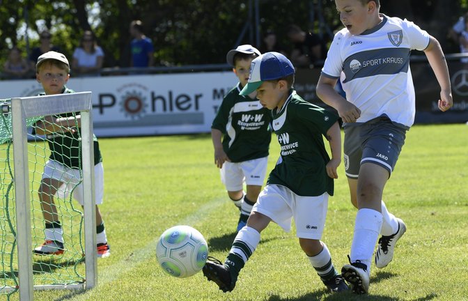 Der sechsjährige Johannes (am Ball) und seine Mannschaftskameraden vom SV Iptingen II haben es beim Bambiniturnier auf dem Zwergberg teilweise mit Gegenspielern zu tun, die anderthalb Köpfe größer sind. <span class='image-autor'>Foto: Leitner</span>