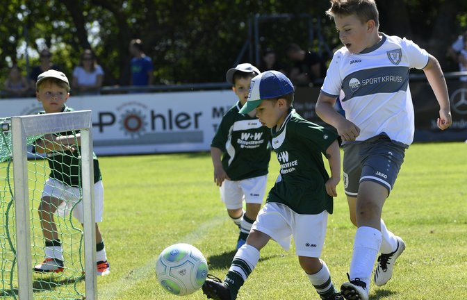Der sechsjährige Johannes (am Ball) und seine Mannschaftskameraden vom SV Iptingen II haben es beim Bambiniturnier auf dem Zwergberg teilweise mit Gegenspielern zu tun, die anderthalb Köpfe größer sind. <span class='image-autor'>Foto: Leitner</span>
