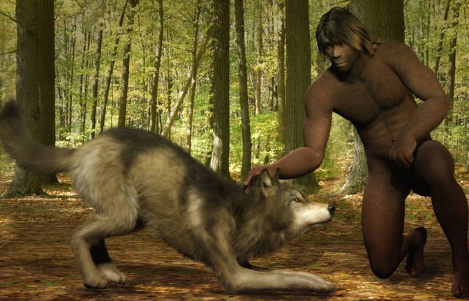 3D-Illustration eines Steinzeitmenschen mit einem Wolf.<span class='image-autor'>Foto: Imago/Chromorange</span>