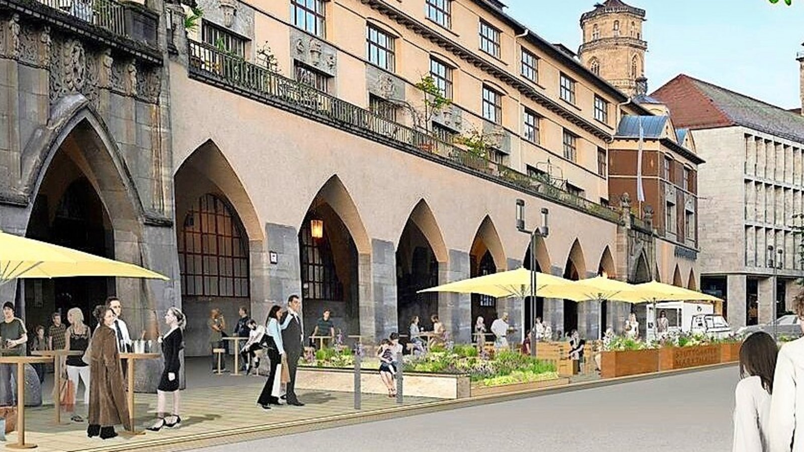Blick in die Zukunft: Die Geschäftsleute könnten den Bereich vor der Markthalle zusätzlich nutzen. Die Dorotheenstraße soll zum Verweilen einladen.Foto: Visualisierung/Landeshauptstadt Stuttgart Blick in die Zukunft: Die Geschäftsleute könnten den Bereich vor der Markthalle zusätzlich nutzen. Die Dorotheenstraße soll zum Verweilen einladen.Foto: Visualisierung/Landeshauptstadt Stuttgart