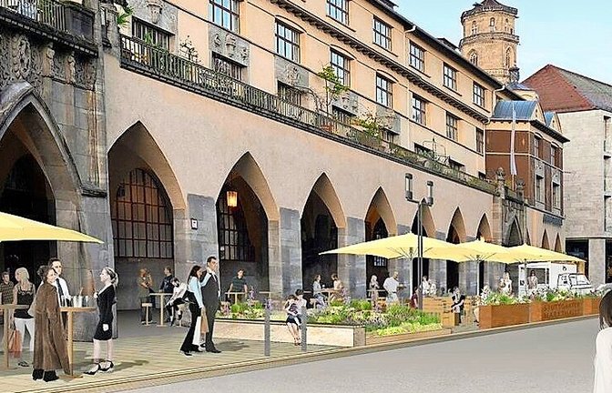 Blick in die Zukunft: Die Geschäftsleute könnten den Bereich vor der Markthalle zusätzlich nutzen. Die Dorotheenstraße soll zum Verweilen einladen.<span class='image-autor'>Foto: Visualisierung/Landeshauptstadt Stuttgart</span>