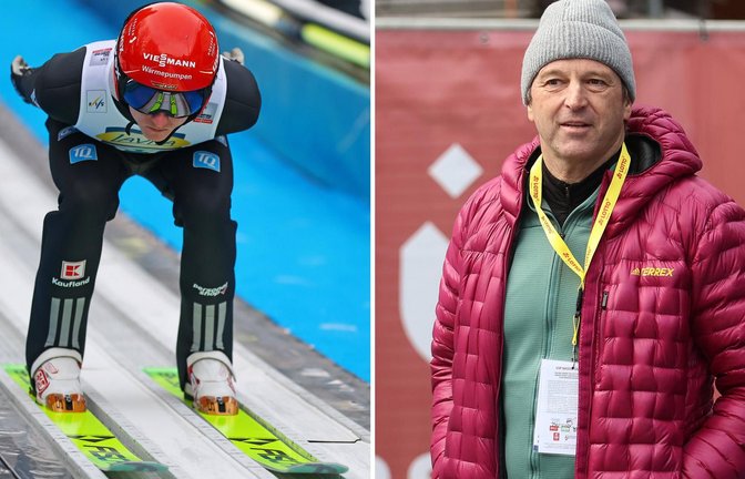 Karl Geiger ist auf der Suche nach der Form, Ex-Bundestrainer und TV-Experte Werner Schuster schaut interessiert zu.<span class='image-autor'>Foto: imago/Gepa-Pictures, Ulrich Wagner</span>