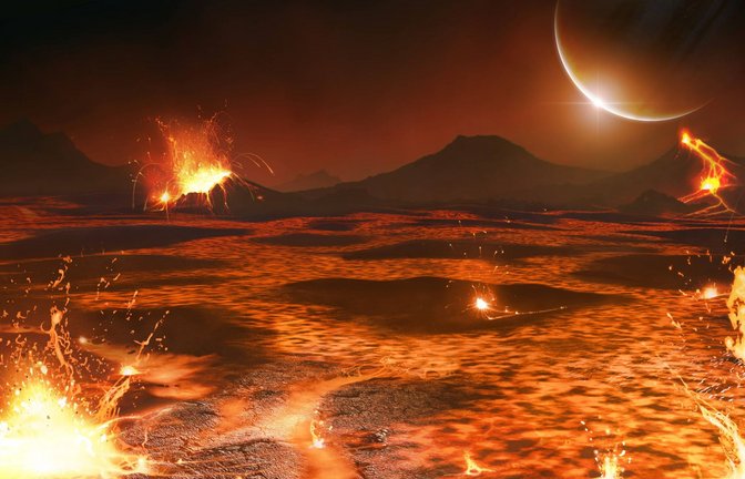 Flug über einen Vulkansee: So stellt sich ein Space-Artist die Loki Patera, den  Vulkan auf dem Jupitermond Io, vor.<span class='image-autor'>Foto: Imago/Science-Photo Library</span>