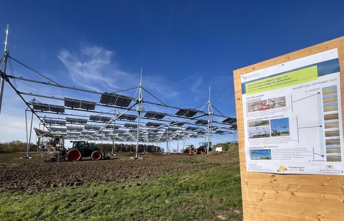 Gilt als Leuchtturmprojekt: Die Agri-PV-Anlage der Universität Hohenheim verbindet Photovoltaik und   Ackerbau.<span class='image-autor'>Foto: Frank Schwaibold</span>