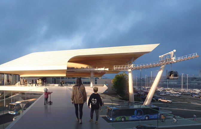 So könnte eine Seilbahnstation zwischen Experimenta-Parkhaus und Hauptbahnhof aussehen.<span class='image-autor'>Foto: Stadt Heilbronn/Drees & Sommer</span>