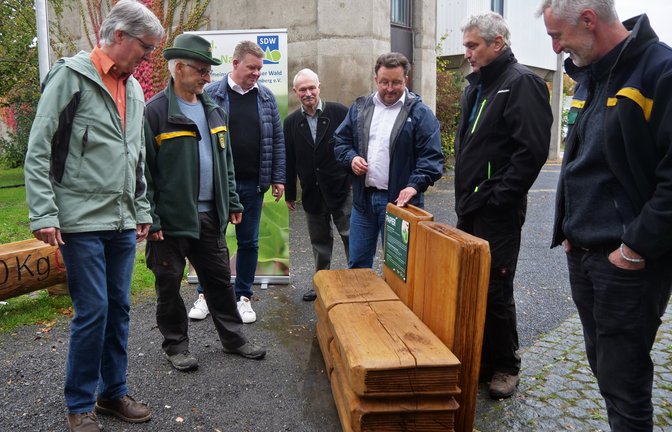 Die Klimastämme vor dem Rathaus in Illingen sind am Donnerstagnachmittag offiziell vorgestellt worden, stießen aber davor schon auf Interesse in der Bürgerschaft. Links Bürgermeister Armin Pioch. <span class='image-autor'>Foto: Friedrich</span>