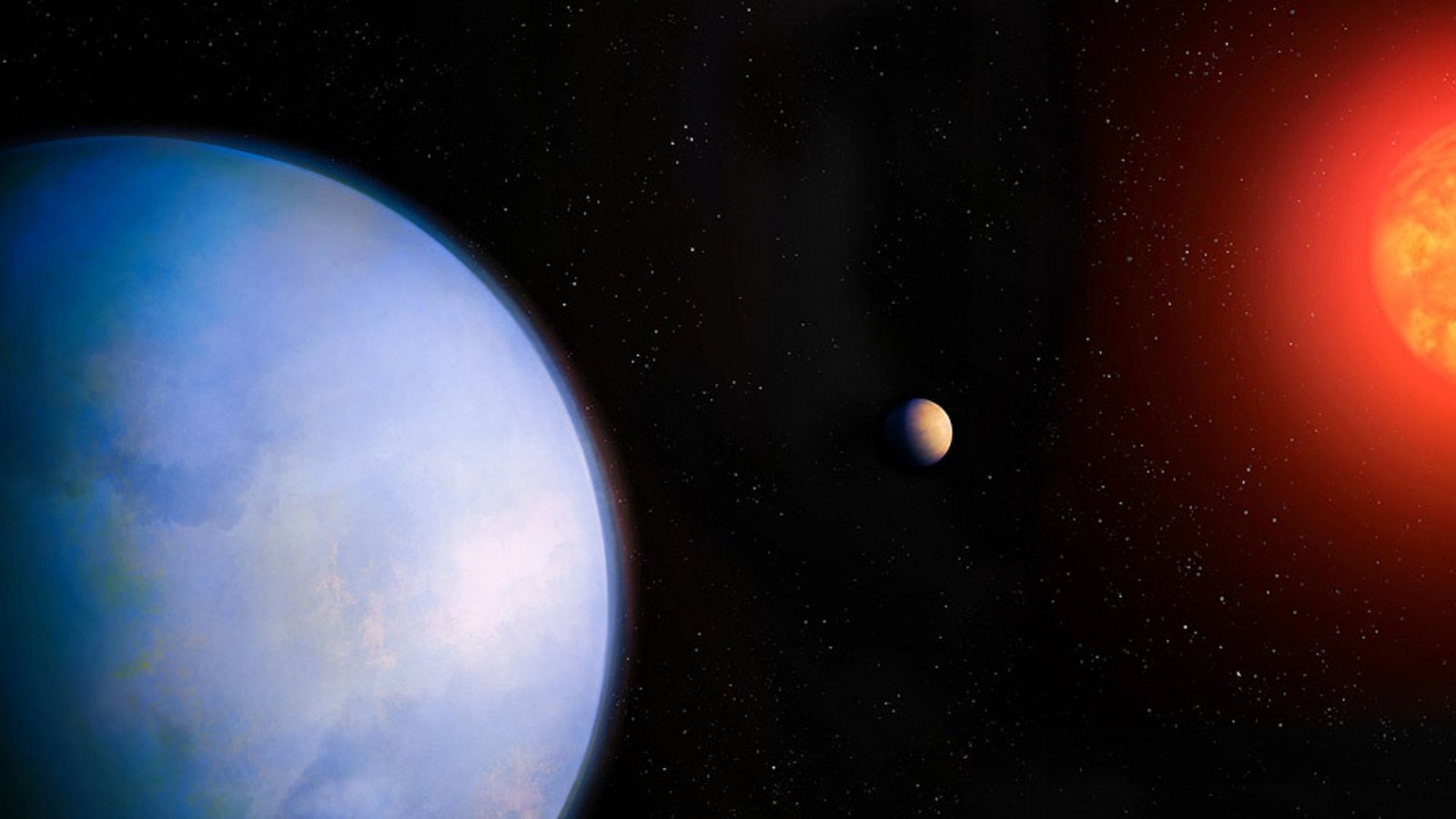 Die neu entdeckte Supererde (blau) ist der zweite Planet um den nur 18 Lichtjahre entfernten Roten Zwerg Gliese 251.Foto: © University of California Irvine/ CC-by-nc-nd 4.0 Die neu entdeckte Supererde (blau) ist der zweite Planet um den nur 18 Lichtjahre entfernten Roten Zwerg Gliese 251.Foto: © University of California Irvine/ CC-by-nc-nd 4.0