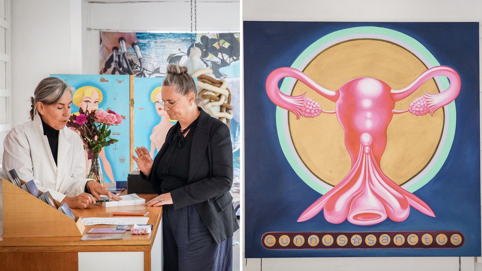Der Projektraum Ostend wird zur fiktiven gynäkologischen Praxis. Hier Elin Doka (links) und Nana Hülsewig.Foto: Ferdinando Iannone Der Projektraum Ostend wird zur fiktiven gynäkologischen Praxis. Hier Elin Doka (links) und Nana Hülsewig.Foto: Ferdinando Iannone