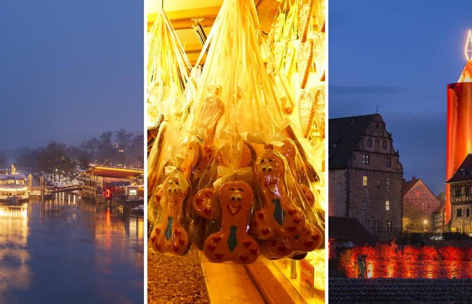 In Hamburg gibt es den „geilsten Weihnachtsmarkt der Welt“ – und entsprechende Produkte (Mitte). Die Städte Vilshofen (links) und Schlitz (rechts) fallen durch andere Besonderheiten auf.<span class='image-autor'>Foto: IMAGO/Volker PreuÃer / IMAGO / BREUEL-BILD / imago images/MedienServiceMüller</span>