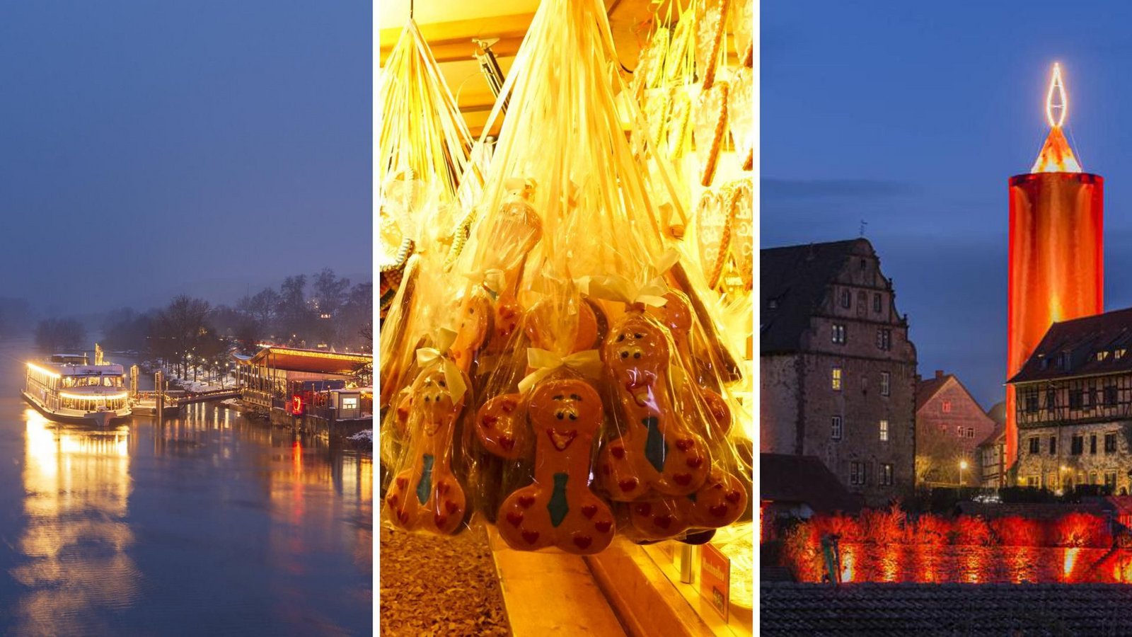 In Hamburg gibt es den „geilsten Weihnachtsmarkt der Welt“ – und entsprechende Produkte (Mitte). Die Städte Vilshofen (links) und Schlitz (rechts) fallen durch andere Besonderheiten auf.Foto: IMAGO/Volker PreuÃer / IMAGO / BREUEL-BILD / imago images/MedienServiceMüller