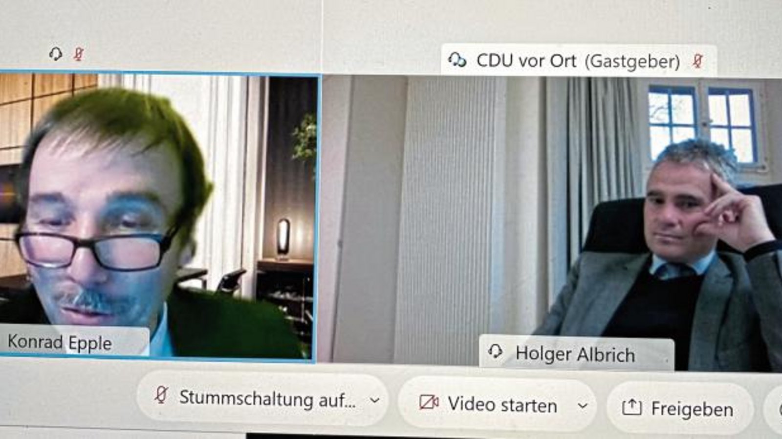 Konrad Epple (links) und Holger Albrich beim Online-Meinungsaustausch. Foto: p Konrad Epple (links) und Holger Albrich beim Online-Meinungsaustausch. Foto: p