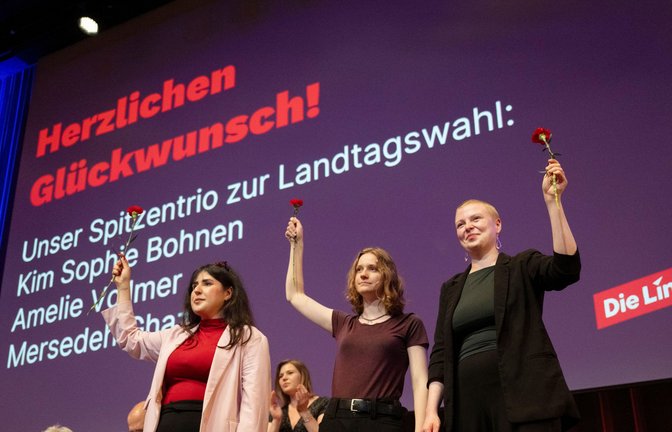 Das Spitzentrio der Linken für den Wahlkampf: Mersedeh Ghazaei, Amelie Vollmer, Kim Bohnen (von links)<span class='image-autor'>Foto: Marijan Murat/dpa</span>