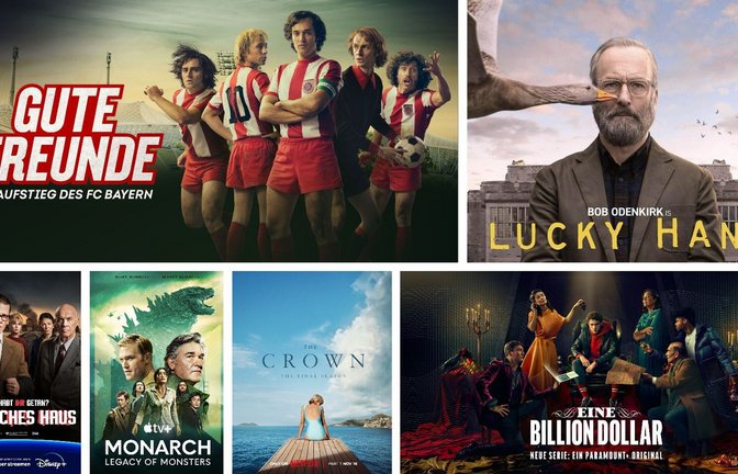 Sechs unserer Serientipps im November: „Gute Freunde“, „Lucky Hank“ (mit Bob Odenkirk), „Eine Billion Dollar“ (mit Philipp Froissant und Alessandra Mastronardi), „The Crown“ (mit Imelda Staunton), „Monarch – Legacy of Monsters“ (mit Kurt und Wyatt Russell) und „Deutsches Haus“ (von links oben im Uhrzeigersinn).<span class='image-autor'>Foto: RTL+, Magenta TV, Paramount+, Netflix, Apple TV+, Disney+</span>
